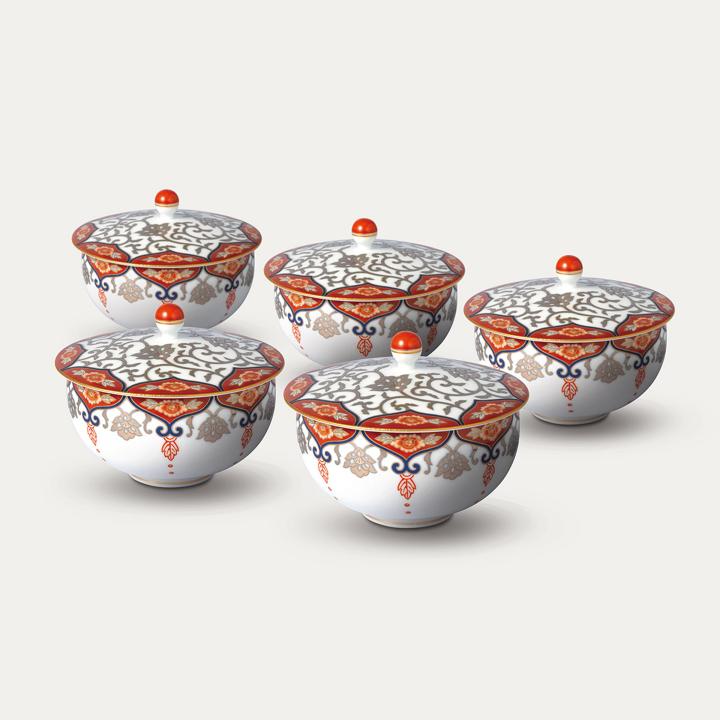 【瓔珞文】蓋付湯のみ5客セット