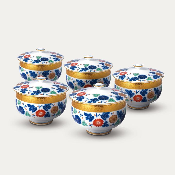 【染振り菊】蓋付湯のみ5客セット