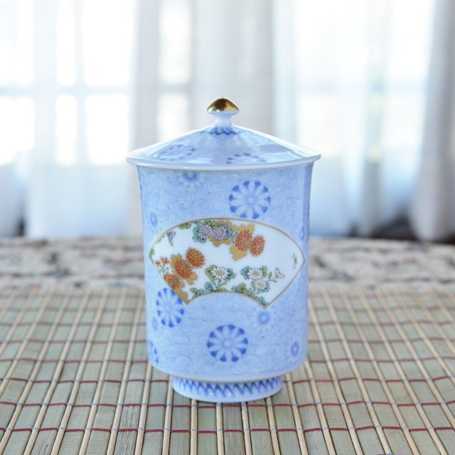 （染錦扇面流水菊）蓋付湯のみ　*秋の陶磁器まつり特別価格*2