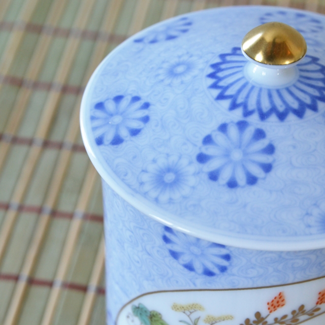 （染錦扇面流水菊）蓋付湯のみ　*秋の陶磁器まつり特別価格*3